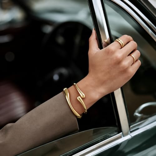 Chunky Gold Bangle Bracelets for Women Trendy 14K Gold Plated Cuff Bracelets Stack, Dainty Gold Bracelet Sets Non Tarnish Fashion Jewelry Gift - style: 2pcs-Gold-WaveTwinDrop