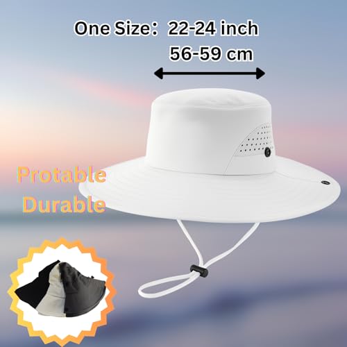 Wide Brim Nylon Sun Hat for Men Women Premium Packable Outdoor Fishing Hiking Hat Breathable Vent Holes Foldable for Beach - color: White