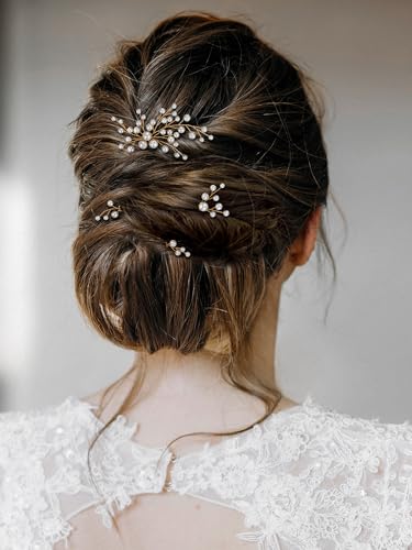 SWEETV 7 Pieces Bride Hair Accessories Pearl Wedding Hair Pins Leaf Bridal Hair Piece Vintage Hair Headpiece Leaf Hair Clips Jewelry for Women Bridesmaids Brides Flower Girls - color: Set-B-Gold