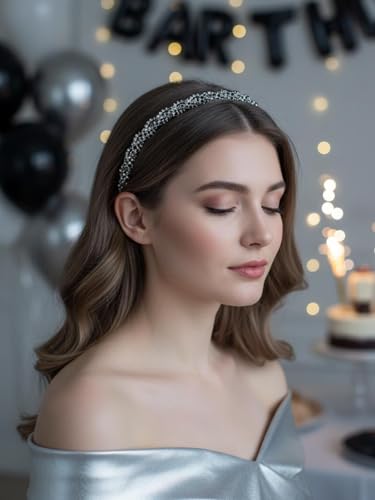 Rhinestone Homecoming Head Chain Jewelry Silver Sparkly Elastic Headband Forehead Crystal Braided Accessories For Women (Black, Free size) - color: Black