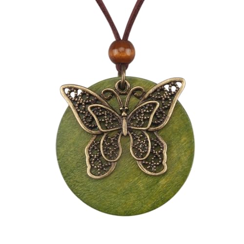 GelConnie Leather Necklace for Women Round Wooden Pendant Long Leather Choker Vintage Sweater Necklace Gold Chunky Boho Necklaces for Women - style: Butterfly Wooden Necklace