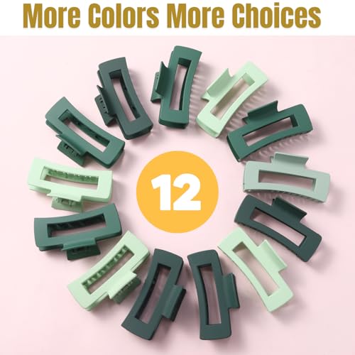 12 Pcs Green Large Square Hair Claw Clips for Women, 4.3-Inch Matte Rectangle Claw, Strong Hold Non-slip Hair Clips for Thick & Thin Hair - color: Green
