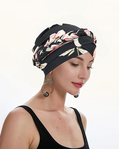 ZLYC Chemo Headwear for Women Pre Tied Turban Headwear Lightweight Beanie Hat - color: Braid Floral Black