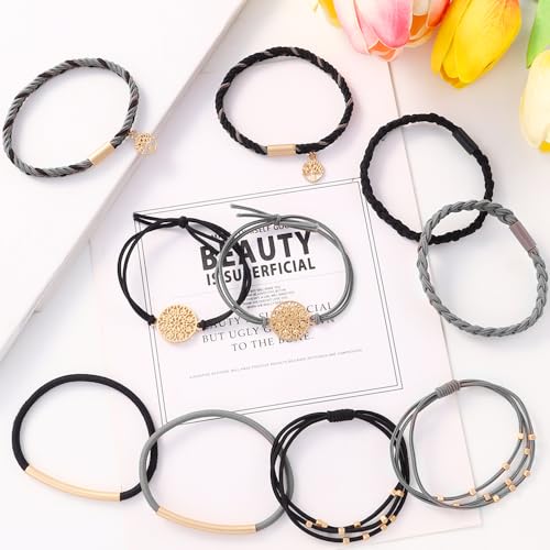 DIYDEC 10PCS Hair Ties Bracelet for Women 5 Styles Soft Braided Boho Hair Bands Elastic No Damage Hair Ties for Girls thick Thin Long Curly Hair Accessories(Black and Grey) - color: Black and Grey