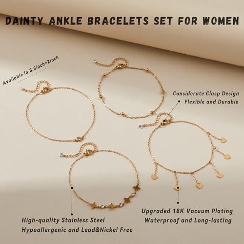 LOFITOR Ankle Bracelets for Women Glitter Waterproof Adjustable Anklet Set for Women 18K Gold Plated Silver Charm Dainty Layered Anklets, Summer Beach Anklet Jewelry for Women - style: Heart Gold