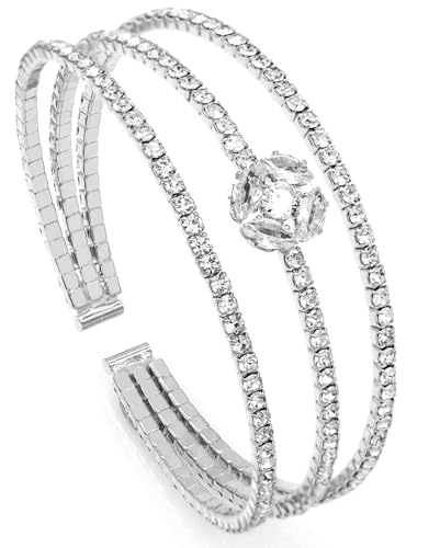 Women's Multi-Layer Rhinestone Cuff Bracelet Sparkling Crystal Tennis Bangle for Bridal Wedding Party - color: 1266 Silver