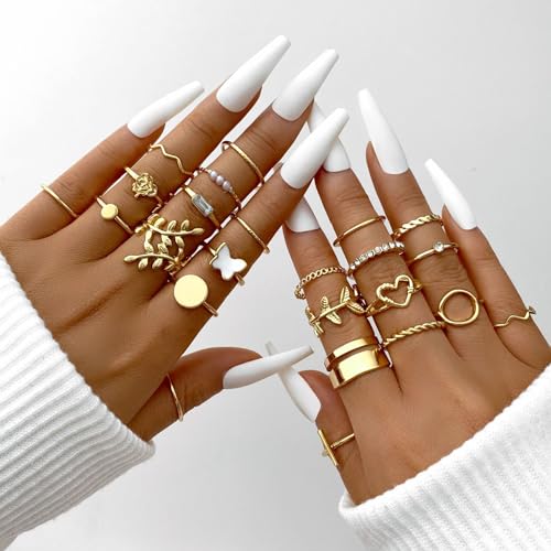 Rrdaily Gold Boho Knuckle Rings Set Vintage Love Pearl Stackable Dainty Joint Finger Sparkling Dainty Simple Trendy Cross Twist Designs Ring Pack (A24)