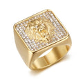 Vintage Fuax Diamond Carved Lion Head Signet Gold Plated Ring for Men,Animal Stainless Steel Iced Out Bling Square Top Thumb Pinky Ring,Pink Biker Cool Ring Fashion Pirate Rocker Jewelry