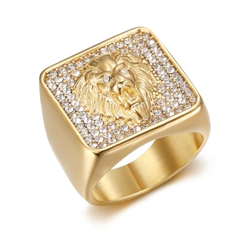 Vintage Fuax Diamond Carved Lion Head Signet Gold Plated Ring for Men,Animal Stainless Steel Iced Out Bling Square Top Thumb Pinky Ring,Pink Biker Cool Ring Fashion Pirate Rocker Jewelry
