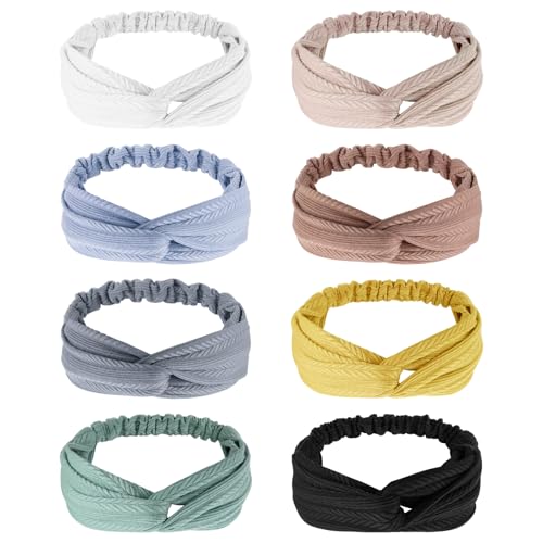 AQOKKA Elastic Knotted Headbands for Women Wheat Pattern Cloth Head Hair Bands for Women's Hair Non Slip Boho Wrap Twisted Hair Accessories - color: 8 Pack Cross Wheat-pattern Elastic Band A