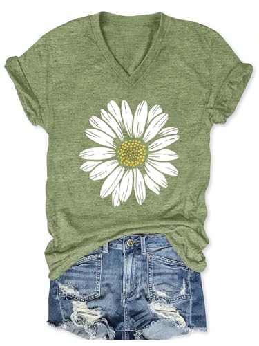 Vintage Boho Tops for Women V-Neck Flowers Shirt Spring Graphic Tees Floral Print Summer Casual Short Sleeve Tshirt Top - color: Green7, size: Large
