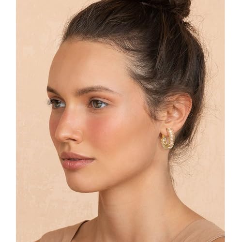 Trendy 14K Gold Plated Hoop Earrings for Women, Chunky Gold/Silver Earrings for Women Cubic Zirconia Baguette Hoop Earrings Heart Hoops Lightweight Hypoallergenic Jewelry,25mm/35mm/40mm/50mm - color: 01 Gold Champagne Hoops 25mm