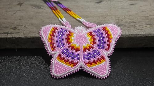 Handmade Native American Style Tribal ethnic Seed Bead Beaded Layered Medallion Necklace #1 - color: Butterfly Baby Pink