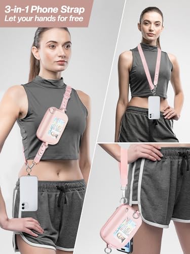 Tiostep Clip and Go Strap for Phone with Wallet Crossbody Phone Lanyard Adjustable and Detachable RFID Wristlet Wallet with ID Window and Zipper, Pink - color: Pink, size: Medium
