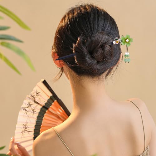 5PACK Japanese & Chinese Wooden Hair Sticks Elegant Flower Hair Chopsticks, Japanese Hair Pin for Bun, Updo & Traditional Hairstyles - color: Green