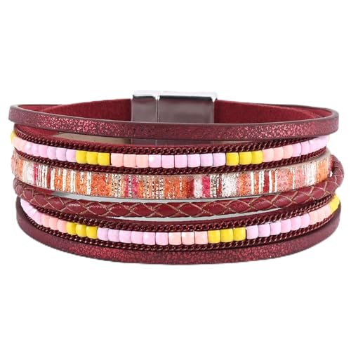 VIBILIA Boho Leather Wrap Bracelets for Women Multi-Layer Bracelets with Strong Clasp Jewelry for Women - color: 03-BohoBraid-Red