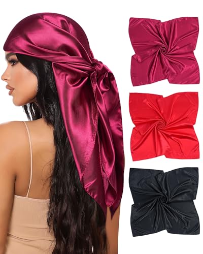Mesovor 35” Square Head Scarf for Women, 3 Pack Like Silk Satin Headscarf Hair Neck Scarf Top Bandanas for Sleeping - color: Bright Red + Burgundy + Black