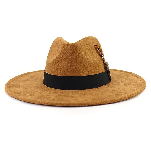 LIDHAY Big Wide Brim Fedora Hats for Women Men Western Suede Hat Panama Hat Outdoor Hats - color: Khaki