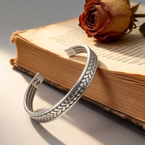 Kim Carrey S925 Sterling Silver Bracelet, Stacked Bracelets Open Bangle Cuff Design, Men's Gift Jewelry for My Man - style: Chinese-character Buddhist scriptures