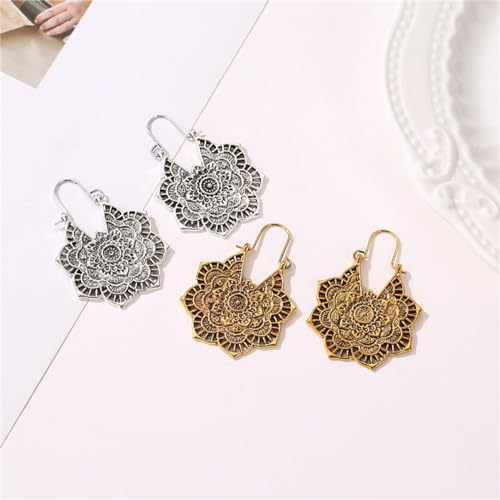 Boho Antique Carved Flower Dangle Drop Earrings for Women Vintage Retro Handmade Hollowed Antiqued Bronze Floral Shaped Geometric Gold Silver Plated Hoop Earrings for Ethnic Style Jewelry Gifts - color: Silver