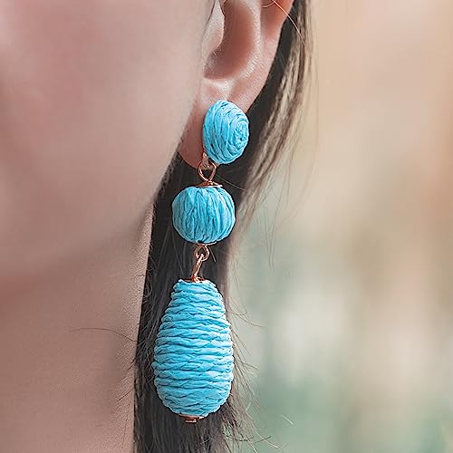 Boho Raffia Earrings Statement Dangle Earrings Cute Teardrop Ball Earrings Colorful Summer Jewelry Handmade Rattan Earrings for Women - color: Blue