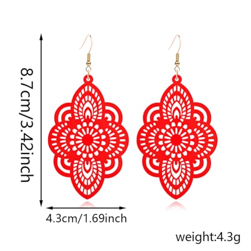 Bohemian Wood Earrings Natural Retro Lightweight Hollow Pattern Geometric Wooden Dangle Drop Earrings Statement Vintage Jewelry - color: Red