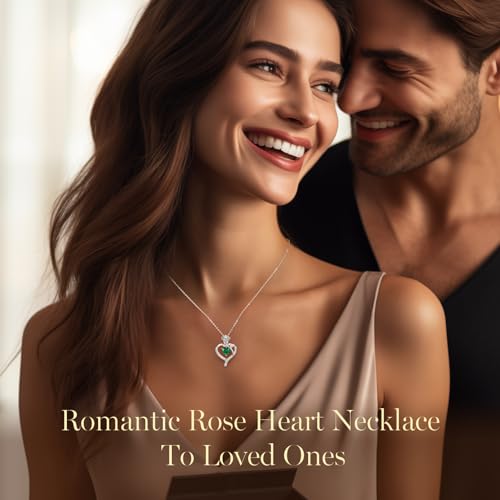 LOUISA SECRET Rose Flower Heart Birthstone Necklaces for Women, 925 Sterling Silver Jewelry, Pendant Heart Necklaces Birthday Anniversary Christmas Gift for Women Wife Mom Girlfriend Lady - color: White Gold-08-Aug