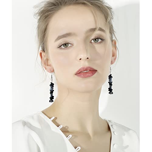 Handmade Bohemian Vintage Silver Nature Stone Beads Long Dangle Drop Earrings for Women - color: Black White