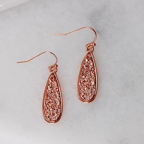 Teardrop Dangle Earrings for Women with Simulated Druzy Stones, in Gold or Rose Gold Tone - color: Rose Gold - Rose Gold Stone