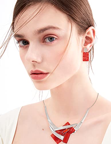 Vintage Chunky Statement Jewelry Set Retro Leaf Floral Geometric Bohemian Boho Bib Necklace Earring Set Fashion Costume Jewelry for Women Girls Wedding Party Prom Unique Gift - style: rectangle-red