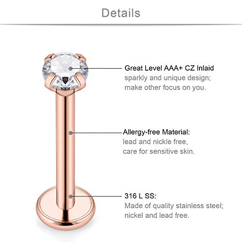 SCERRING 6 Pairs 14G Stainless Steel Clear CZ Internally Threaded Labret Monroe Lip Tragus Cartilage Helix Earring Ring Body Piercing Jewelry 6-10mm - style: 6mm Rose Gold