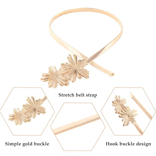 E-Clover Womens Fashion Metal Stretch Waist Skinny Belt Waistband - color: Gold Flowers-02