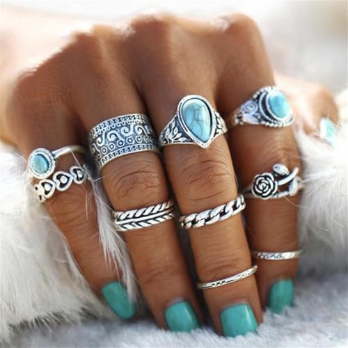 Bohemian Turquoise Ring Set for Women,Vintage Gem Turquoise Opal Joint Knuckle Stackable Rings Chunky Boho Midi Ring Pack Punk Western Ring Mixed Size - style: Style B