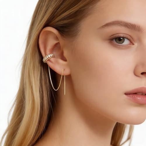 Gold Dangling Earrings for Women，Cuff earrings Chain Hoop Helix Hook Earrings for Women Unique Huggie earrings Trendy Stud ear chain 2025 Jewelry Gifts - color: gold