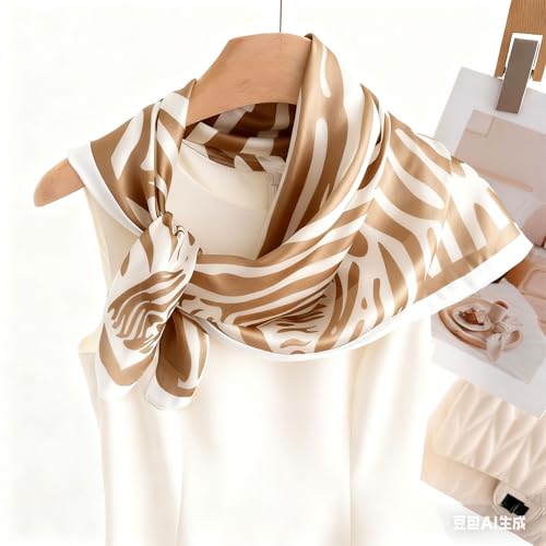 CHUNG Women's Scarf Hair Bandanas Square 27.5" Satin Wrap Fashion Pattern Scarves Emulation Silk Handbag Ribbons Necktie - color: Light Khaki Zebra