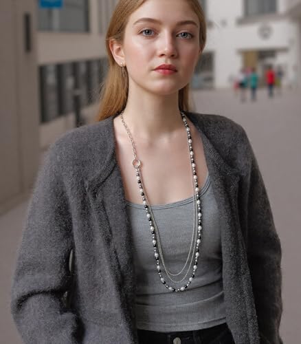 BULINLIN Layered Long Necklaces for Women Long Beaded Chain Necklace CostumeJewelry Mothers Day Gifts for Mom - color: 96-Black Grey