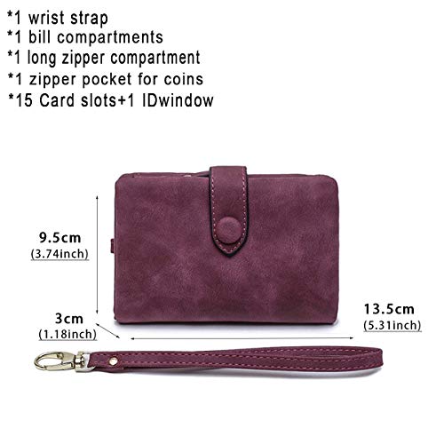 AOXONEL Women's Small Bifold Leather wallet Rfid blocking Ladies Wristlet with Card holder id window Coin Purse - color: Purple