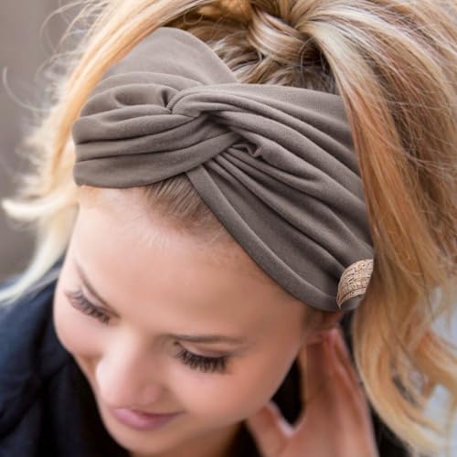 AQOKKA Extra Wide Headbands for Women Large Turban Headband Non Slip Boho Elastic Hairband Hair Twisted Knot Head Bands Accessories - color: 4 Pcs: Brown, Camel, Light Grey, Black