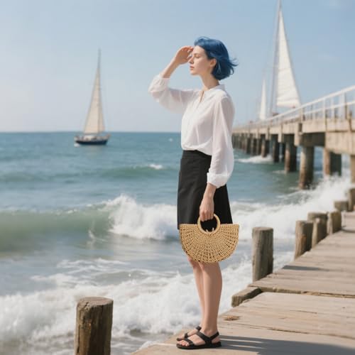 Gets Handwoven Rattan Top-handle Bag for Women Bohemian Round Straw Tote Bag Beach Large Carrying Handbag - color: Khaki