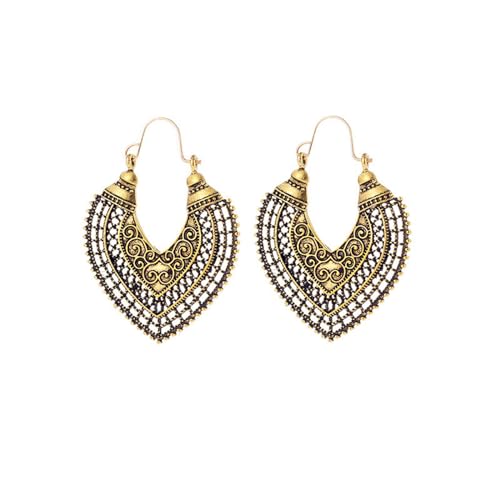 Boho Antique Carved Flower Dangle Drop Earrings for Women Vintage Retro Handmade Hollowed Antiqued Bronze Floral Shaped Geometric Gold Silver Plated Hoop Earrings for Ethnic Style Jewelry Gifts - color: Teardrop gold earring