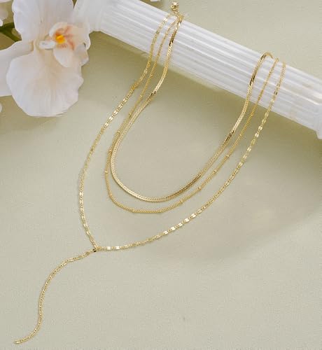 iF YOU Lariat Gold Long Necklaces for Women Trendy, Dainty 14K Gold Plated Drop Chain Necklace, Layered Rosary Beaded Y Necklaces Summer Beach Jewelry Gifts - color: Three-layer Y necklace-GLD