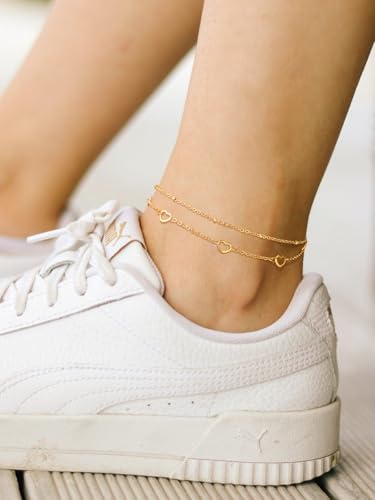 FindChic Black/Silver/Gold Plated Anklets Set of 2PCS/3PCS Herringbone Chain Cuban Link Heart Charm Sparkling Tennis Ankle Bracelets, Waterproof Summer Foot Jewelry for Beach - color: 07. Gold-Layered Heart Charm