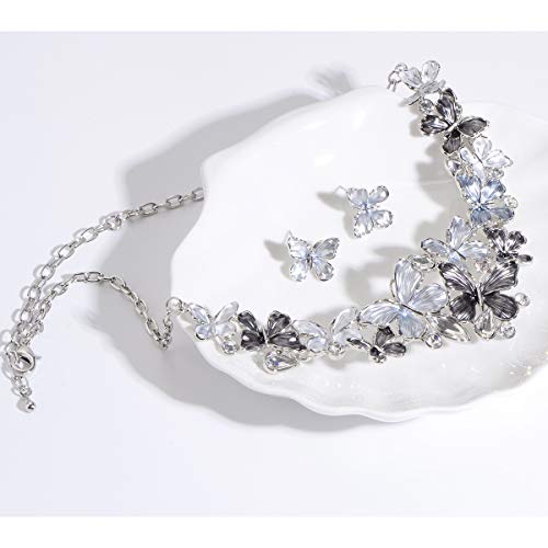 AMYJANE Vintage Statement Jewelry Set - Spring Leaf Flower Floral Plant Necklace Earring Set Crystal Rhinestone Fashion Costume Jewelry for Women Prom Party Unique Gift - style: Butterfly Jewelry Set Grey