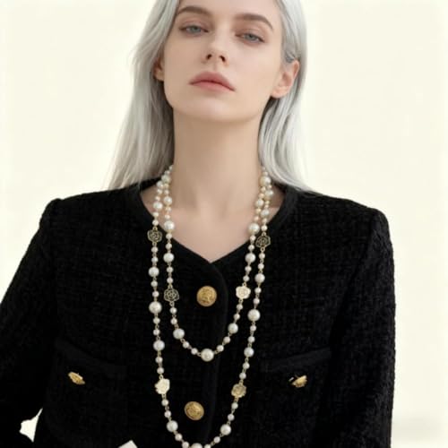 Layered Pearl Necklaces for Women Big Pearl Long Chain Necklace Dainty Faux Pearl Necklaces Statement Sweater Strand Chain Jewelry - style: SetE