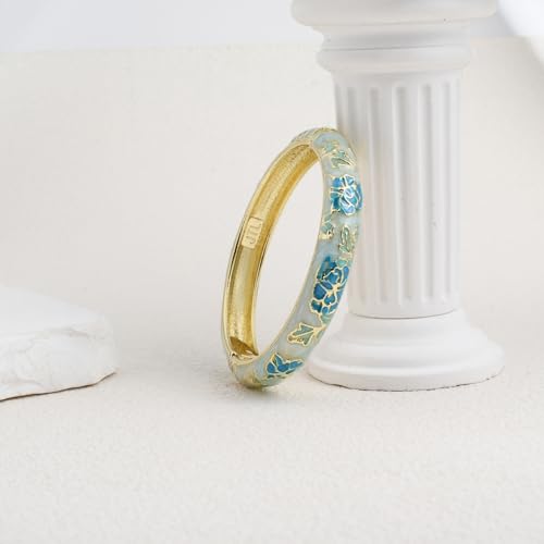 Vintage Flower Cuff Bangles Gold Plated Cloisonne Chinoiserie Peony Floral Elegant Bracelet Gifts For Women - color: green blue