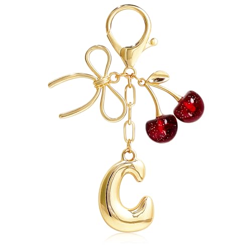 Cute Initial Cherry, Bow, Heart & More Styles - Personalized Keychain Bag Charms & Purse Accessories for Handbags - color: Red Cherry, style: C