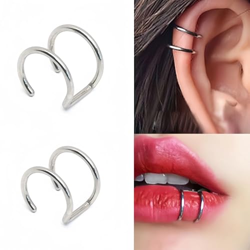 2Pcs Stainless Steel Non Piercing Fake Lip Rings Helix Conch Cartilage Earrings Minimalist Double Hoops Ear Cuffs Earring Fake Body Piercing Jewelry