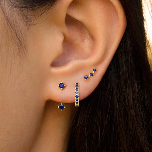 3 Pairs Dainty Small 4th of July Earrings for Women Trendy, Birthstone Stud Huggie Hoop Jacket Stack for Cartilage Helix, Gold Plated Hypoallergenic Cute Women Fashion Accessories Western Jewelry Gifts - color: 09Blue Created Sapphire-Sept (Gold)