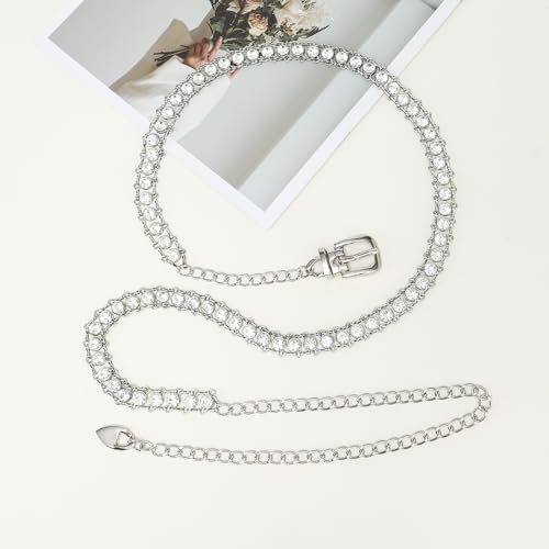 YooAi Chain Belts Leather Waist Belt for Women Layered Metal Chain Belt - size: XS/S: fits waist from 26"-30", style: Silver Rhinestsone