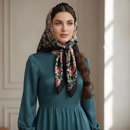 Premium Floral Scarf for Women 35x35 Square Silk Feel-Lightweight Scarves Headscarf Bandanas Wrapping Handbag - color: Black